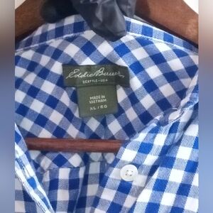 Eddie Bauer XL Classic Blue White Gingham Button-Down Shirt Checkered Preppy